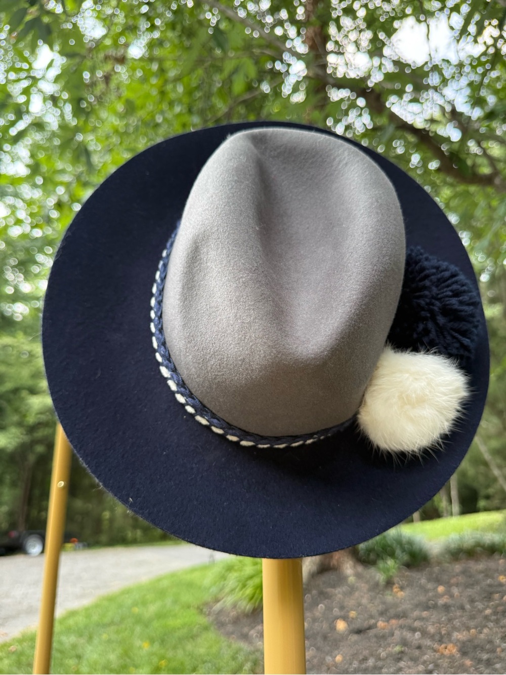 Anthropologie 100% Wool Fedora with Pom Detail - Navy & Gray